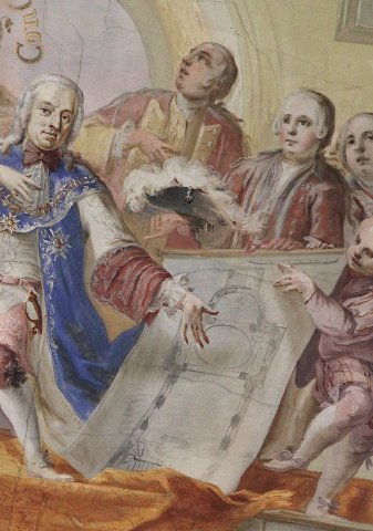 Selbstporträt des Künstlers Andreas Meinrad von Au (1712–1792) im Langhausfresko der Wallfahrtskirche St. Anna in Haigerloch von 1754.