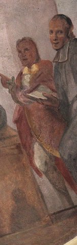 vermutetes Selbstportrait des Pfarrers Willibald Schöpf am Totenbett des Hl. Nikolaus im Langhaus der Lentinger Pfarrkirche